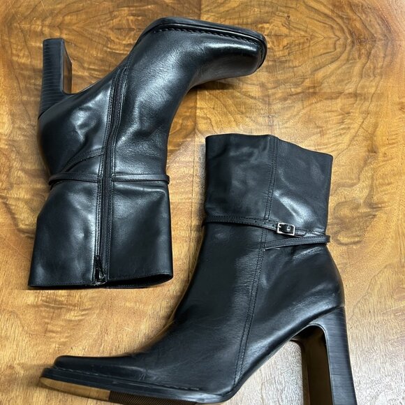 SOLD Bakers Women’s 9 Square Toe Chunky Block Black Leather Mid Calf Boots - Picture 3 of 13